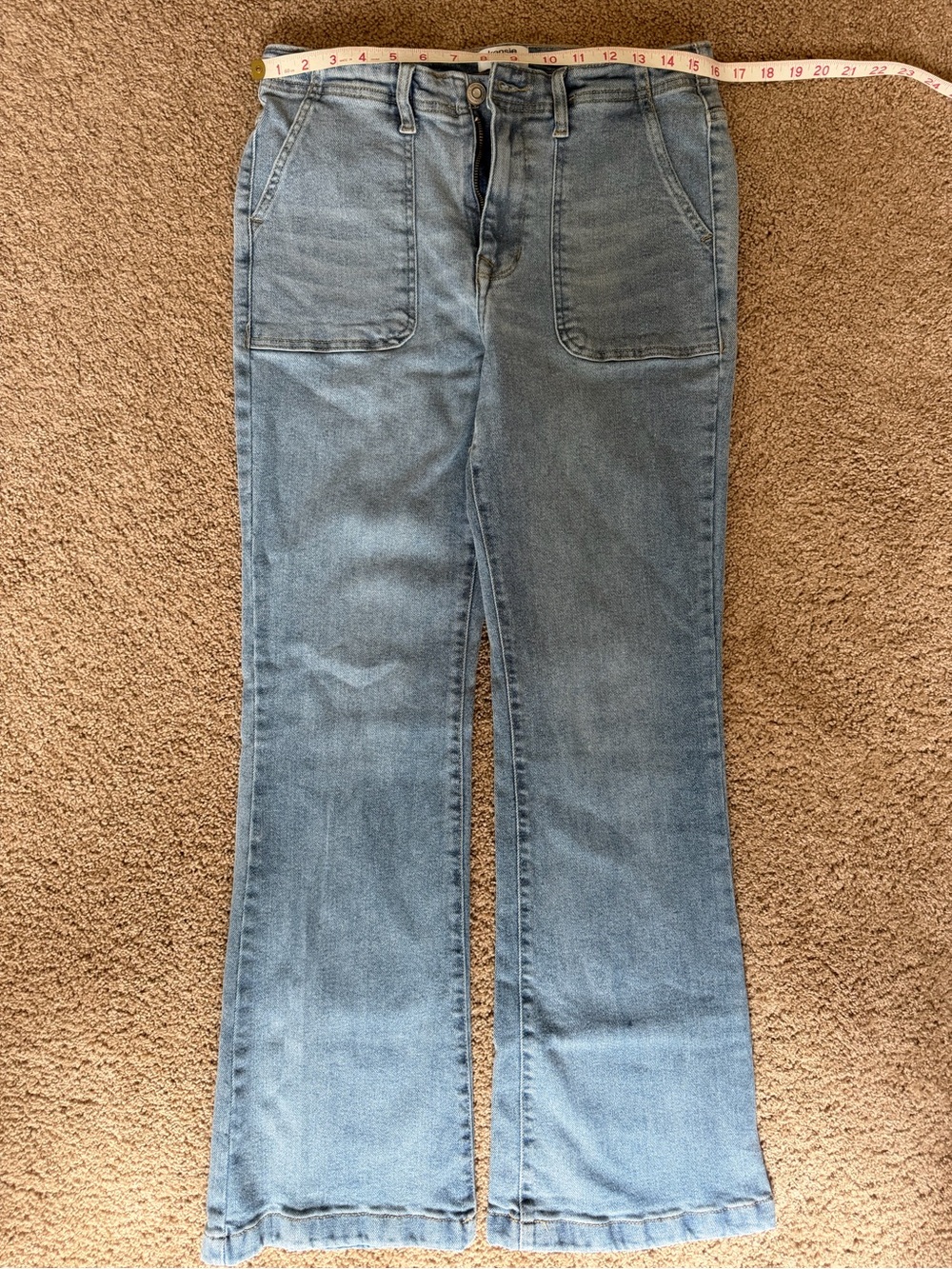 Kensie Light Blue Denim Flare Jeans with Patch Pockets. The Savannah High Rise